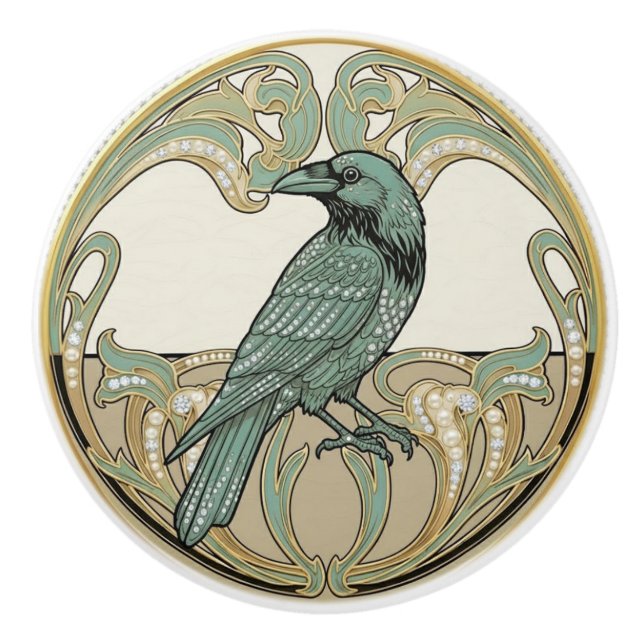 Crow Bird Sage Green & Gold Art Deco Nouveau Ceramic Knob (Front)