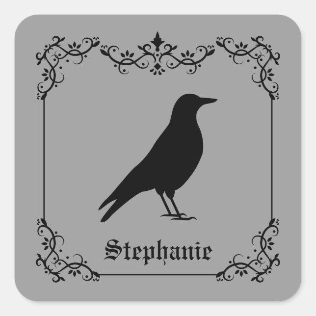Crow Bird Silhouette And Decorative Swirls Grey Square Sticker (Front)