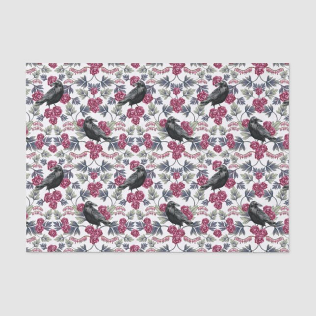 Crow, Bleeding Heart & Roses Floral Pattern Tissue Paper (Front)