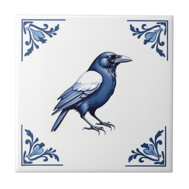 Crow Delft Blue and White Floral Corners Bird Tile (Front)
