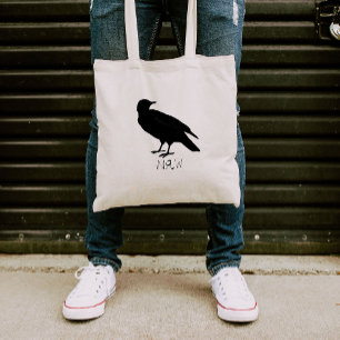 Crow Drawing and Naw Silhouette in Black Tote Bag