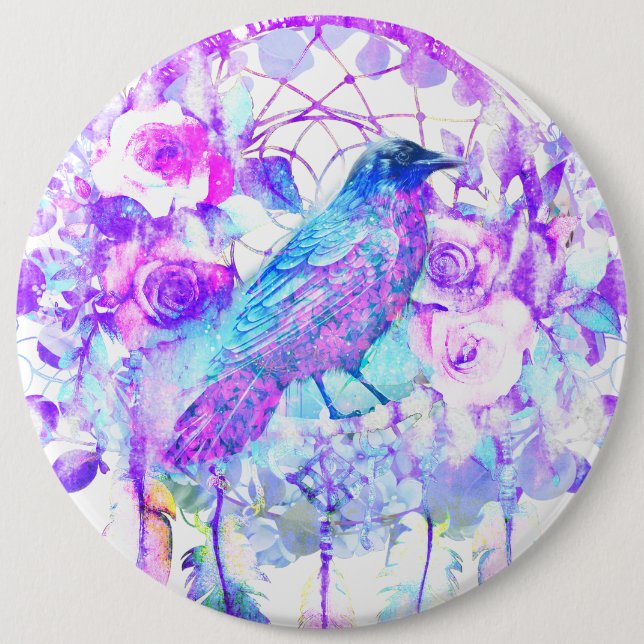 Crow Dreamcatcher Blue Purple Floral 6 Cm Round Badge (Front)