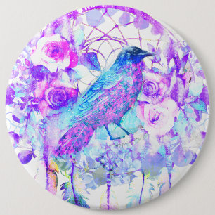 Crow Dreamcatcher Blue Purple Floral 6 Cm Round Badge