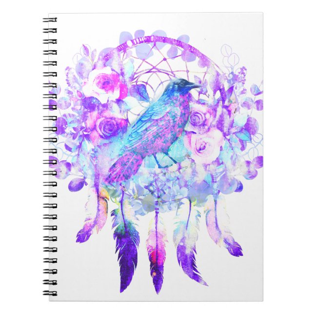 Crow Dreamcatcher Blue Purple Floral Notebook (Front)