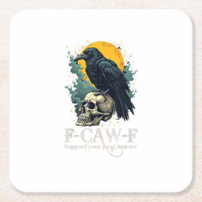 Crow F-Caw-F Funny Skull Moon Design Square Paper Coaster (Front)