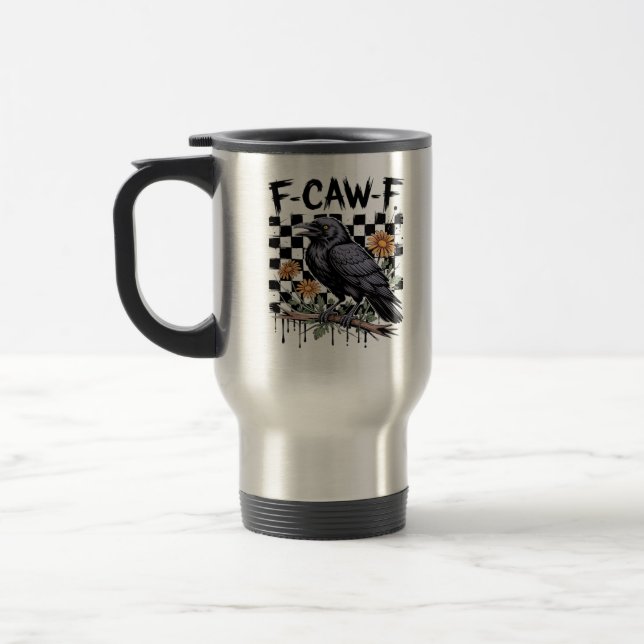 Crow Flowral, F-Caw-F Funny Bird FCAWF Moon Gothic Travel Mug (Left)