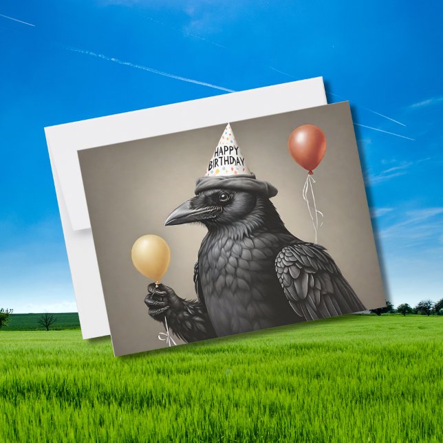 Crow holding yellow balloon happy birthday hat postcard (Creator Uploaded)