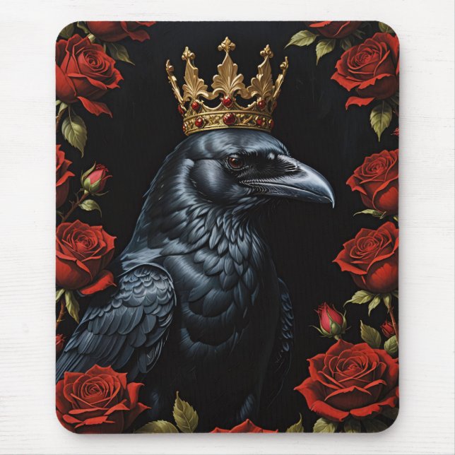 Crow in A Gold Crown Ruby Red Roses Mouse Pad (Front)