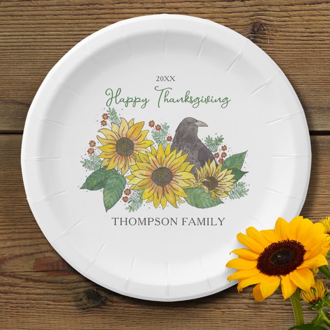Crow in Autumn Flowers Family Thanksgiving Dessert Paper Plate (Creator Uploaded)
