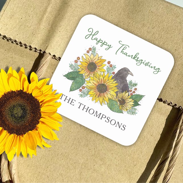 Crow in Autumn Flowers Thanksgiving Envelope Seal (Personalized Happy Thanksgiving Sticker to attach to favors, gift bags, envelopes, or place settings)