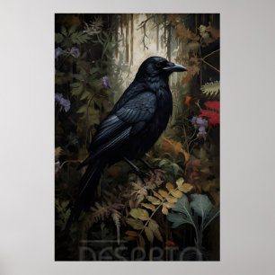 Crow in forest printable, portrait of a raven wall poster