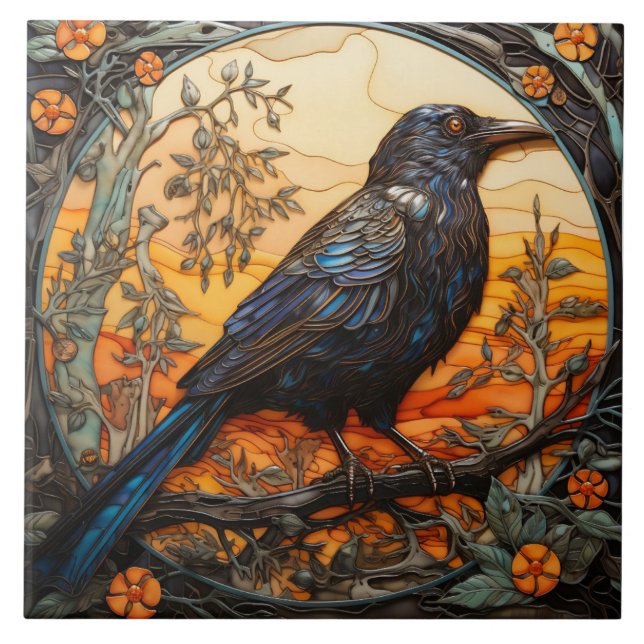 Crow Inspired Bird with Amber Glass Effect Tile (Front)