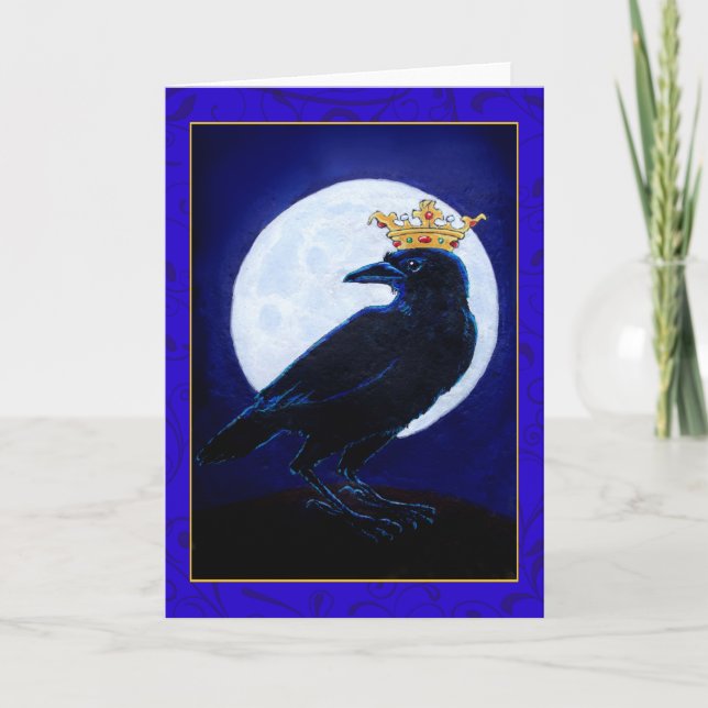 Crow King or Queen with Moon, Crown greeting card (Front)