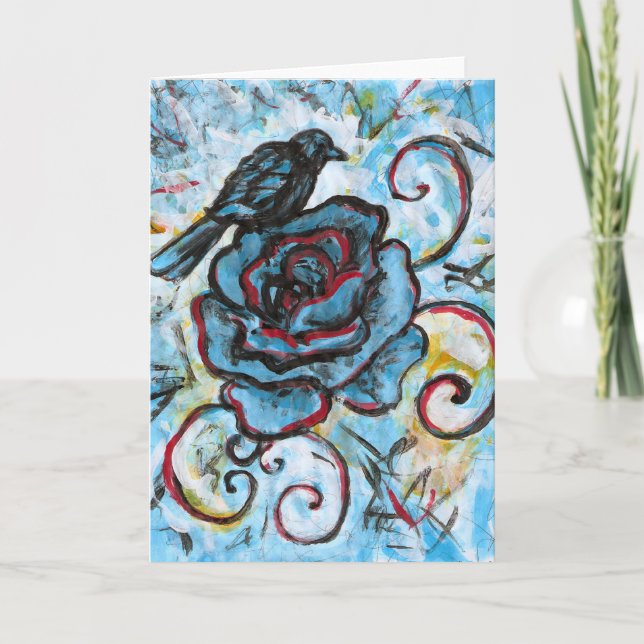 Crow on a Blue Rose, Greeting Card (Front)