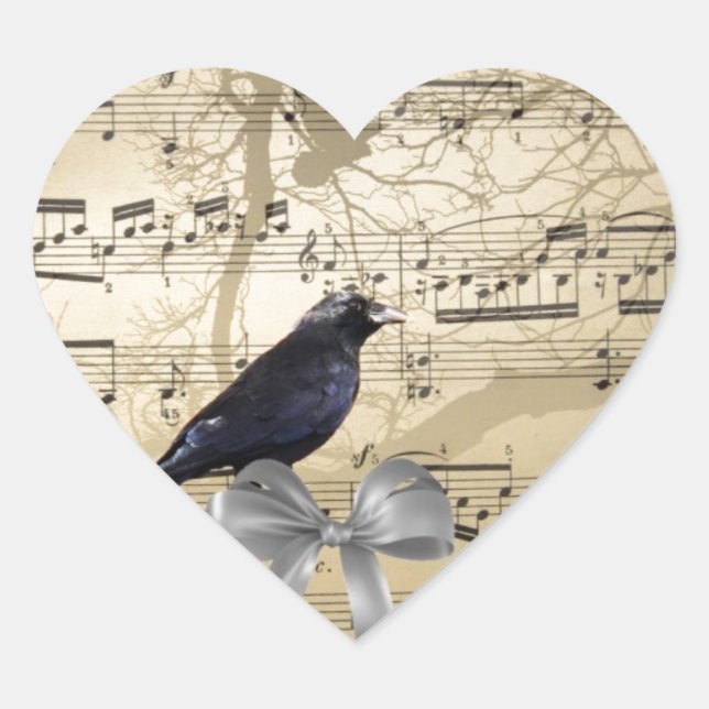 Crow on a music sheet heart sticker (Front)