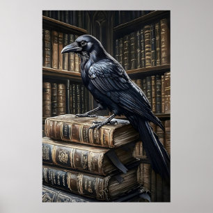 Crow on Books Vintage Art Print, Dark Academia Poster