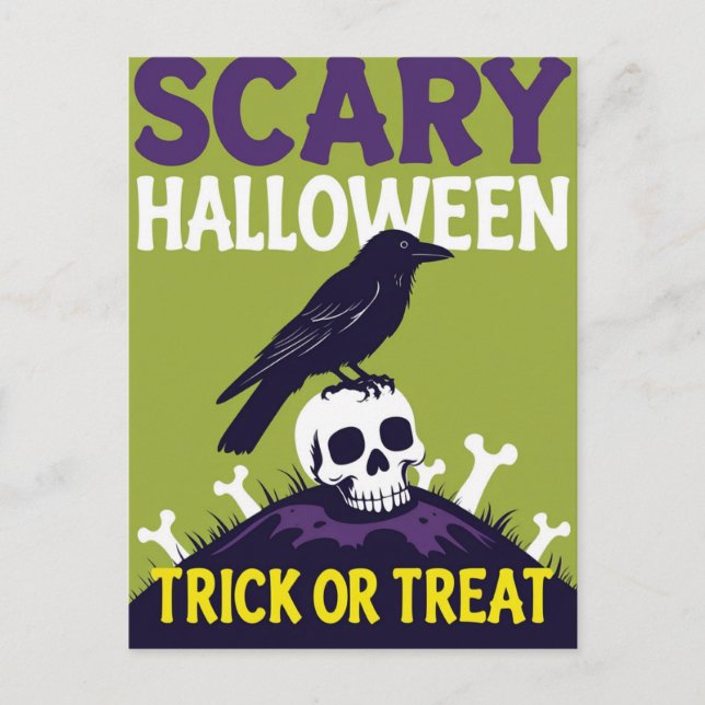 Crow on Skull Trick or Treat Halloween Holiday Postcard (Front)