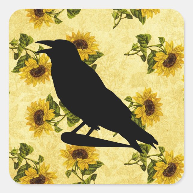 Crow on Sunflowers Square Sticker (Front)
