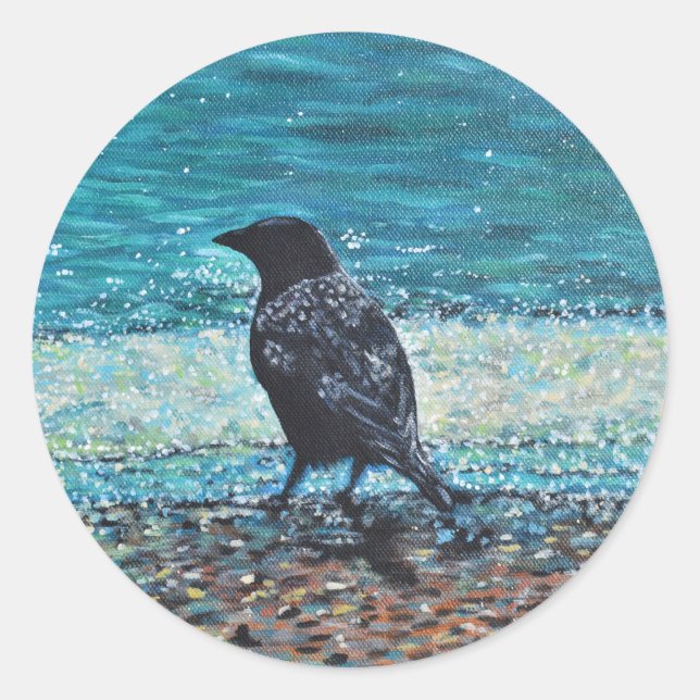 Crow on the Beach Painting Classic Round Sticker (Front)