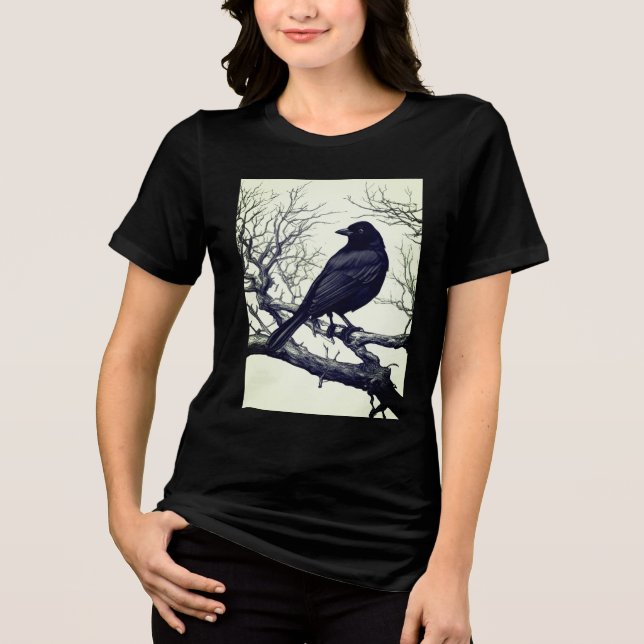 Crow Perched on Bare Winter Branches Tri-Blend Shirt (Front)