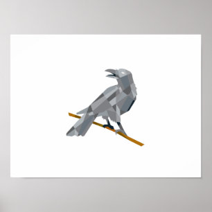 Crow Perching Looking Back Low Polygon Poster