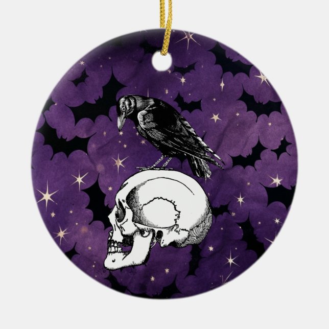Crow Raven and Skull Halloween Purple Stars Bats Ceramic Tree Decoration (Front)