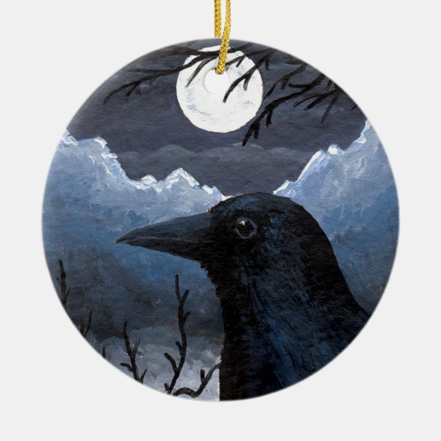 Crow Raven Bird 58 Moon Ceramic Tree Decoration (Front)
