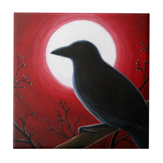Crow Raven Bird 62 Moon Red Tile (Front)