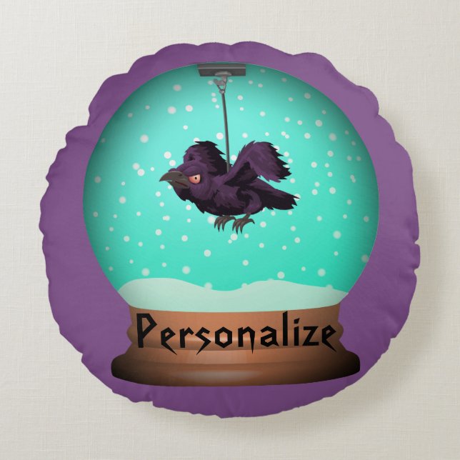 Crow raven black purple teal fall snow globe round cushion (Front)
