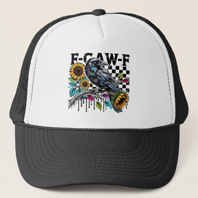 Crow Raven F-CAW-F Funny Halloween Trucker Hat (Front)