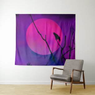 Crow Silhouette, Pink and Purple Full Moon Tapestry