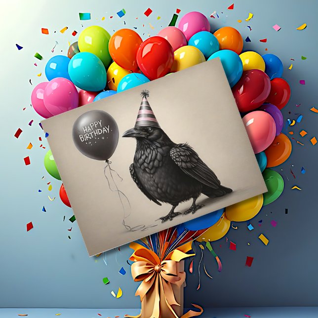 Crow staring at happy birthday balloon charcoal postcard (Creator Uploaded)