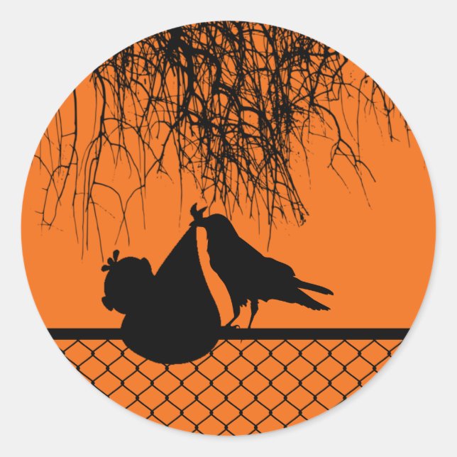 Crow with Baby on Fence Classic Round Sticker (Front)