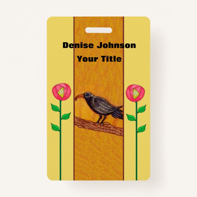 Crow With Two Abstract Red Flowers on Stems Yellow ID Badge (Front)