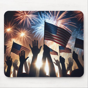 Crowd Holding American Flags Waching Fireworks Mouse Pad