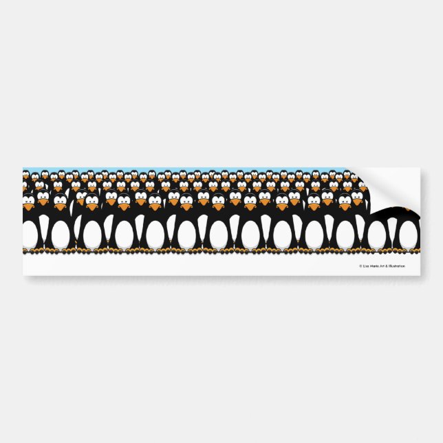 Crowd of Funny Cartoon Penguins on Snow Bumper Sticker (Front)