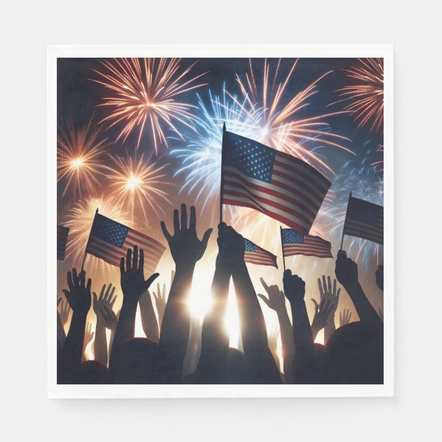 Crowd With American Flags and Fireworks Napkin (Front)