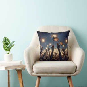 Crowd With American Flags and Sparklers Cushion