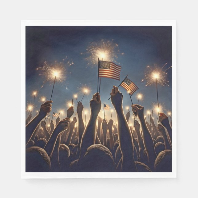Crowd With American Flags and Sparklers Napkin (Front)