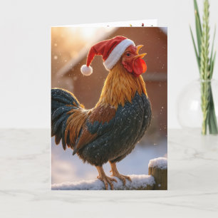 Crowing Christmas Rooster Wearing a Santa Hat Card