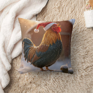 Crowing Christmas Rooster Wearing a Santa Hat Cushion
