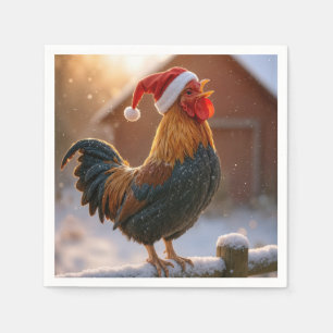 Crowing Christmas Rooster Wearing a Santa Hat Napkin
