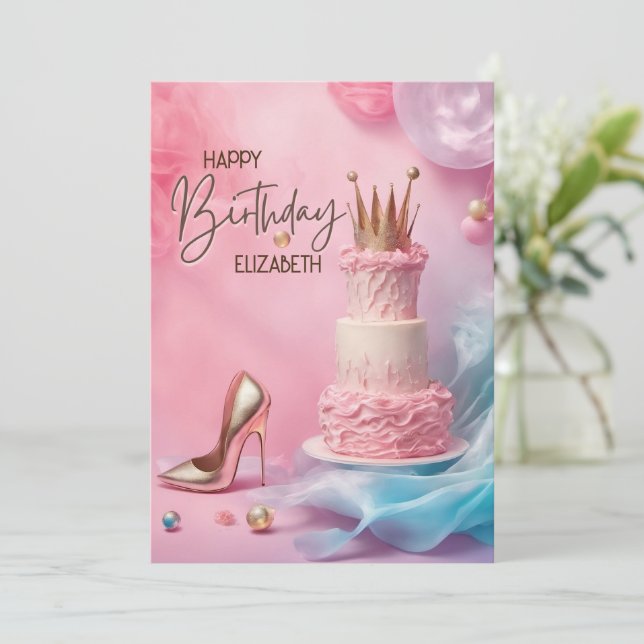 Crown and High Heel Shoes Happy Birthday Card (Standing Front)