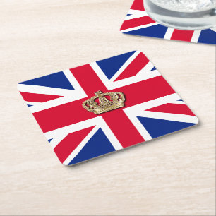 Crown and Union Jack Patriotic Square Paper Coaster