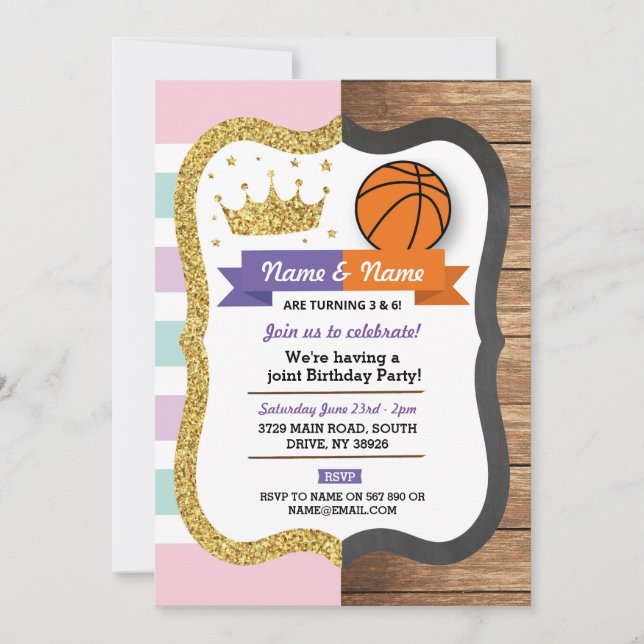 Crown & Basketball Joint Birthday Girl Boy Sports Invitation (Front)