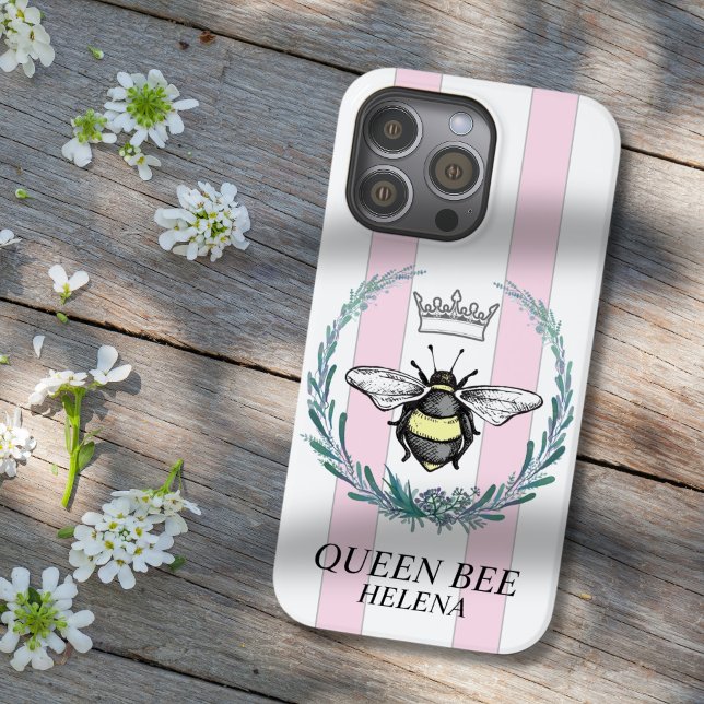 Crown Bee | Pink & White Striped Personalised Case-Mate iPhone Case (Creator Uploaded)