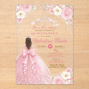 Crown Blush Pink Quinceañera Dress Tiara 15 Anos Acrylic Invitations