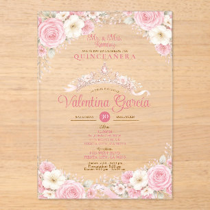 Crown Blush Pink Quinceañera Tiara 15 Anos Mexican Acrylic Invitations