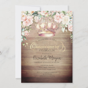 Crown Boho Roses Wood  Quinceañera Invitation