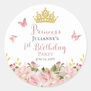 Crown   Butterflies Floral Princess 1st Birthday Classic Round Sticker